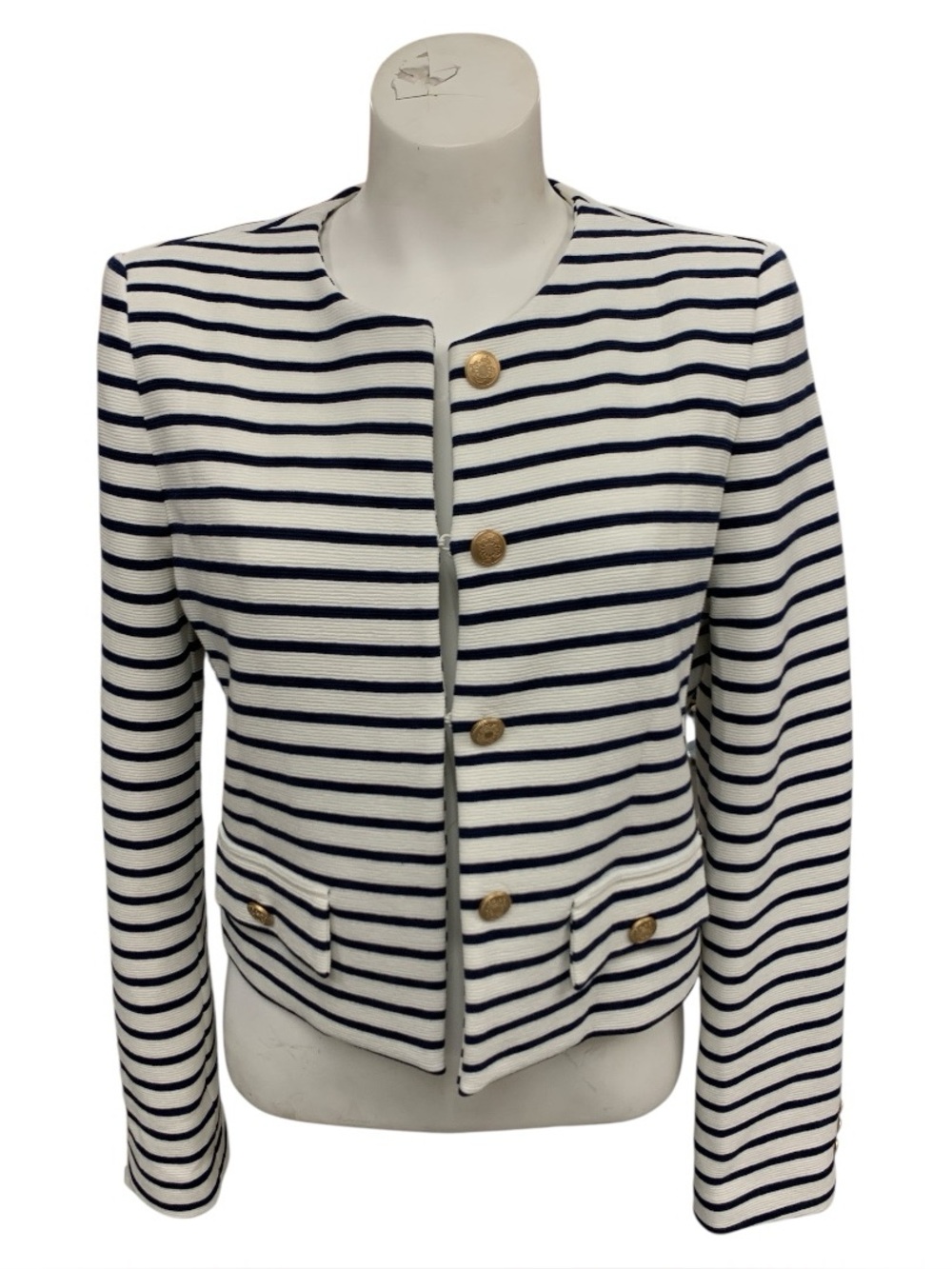 Goelia Striped Navy and White Collarless Blazer with Gold Buttons Size M